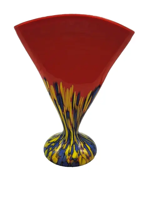 Beautiful 10” Vibrant Red Abstract Czech Art Deco Glass Fan Vase