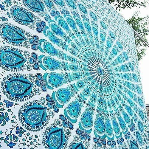 Mandala Blanc Bleu Plume De Paon Mandala Tapisseries Indien Mandala Hippie Bande