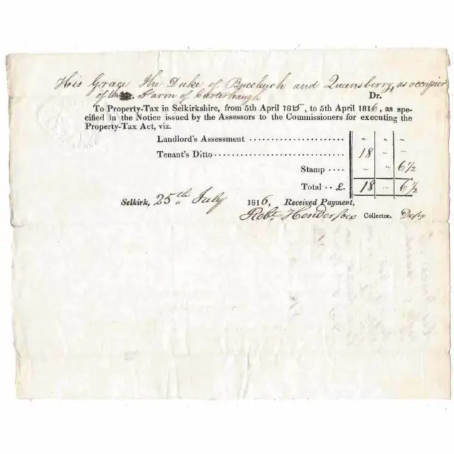 1816 Billhead, SELKIRK Property Tax Demand made out to the Duke of Buccleuch