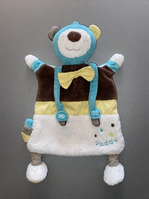 Doudou Plat Ours Paddy Bleu Blanc Marron Jaune Nœud Grelot Sauthon Baby Déco