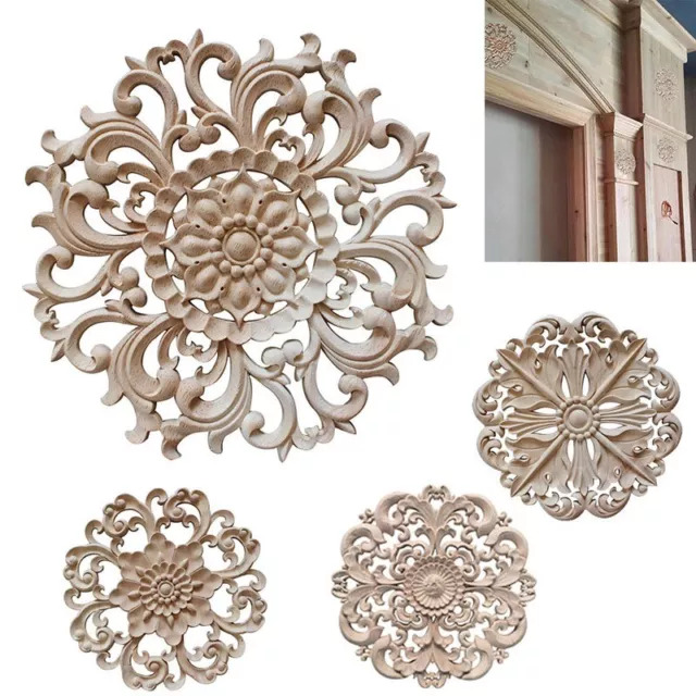 Newly Wood Applique Hollow Carving Round Decal Flower Leaf Shaped Carve Crafts