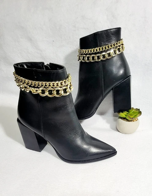 Steve Madden Perlina Bootie Black Leather Gold Chain High Heel Women's Size 6.5M