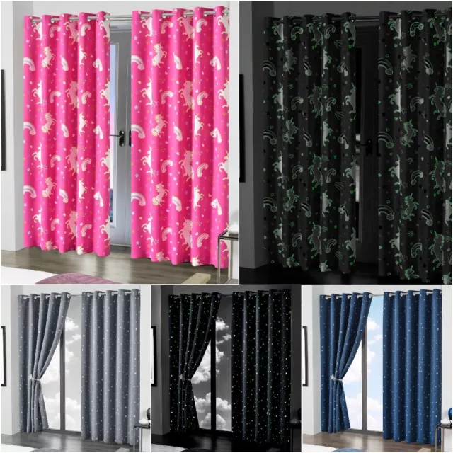 Glow In The Dark Unicorn Stars Blackout Thermal Curtains Eyelet Top Curtain Pair