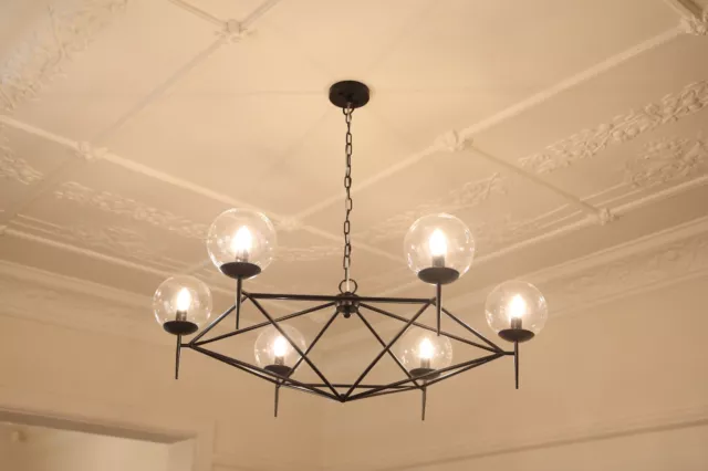 Chandelier: Industrial style, European made, 6 bulbs with blown glass covers