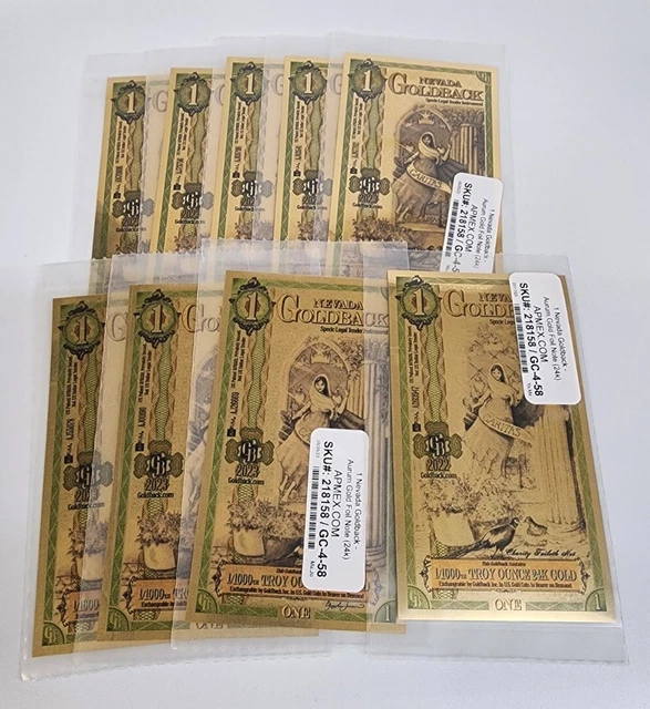 Lot of 9: Aurum, NEVADA 1 Goldbacks 1/1000th Troy Ounce 24k Gold Note