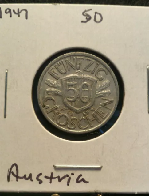 FREE SHIPPING Austrian 50 Groschen Coin, 1947  Österreich Fifty Fünfzig Austria