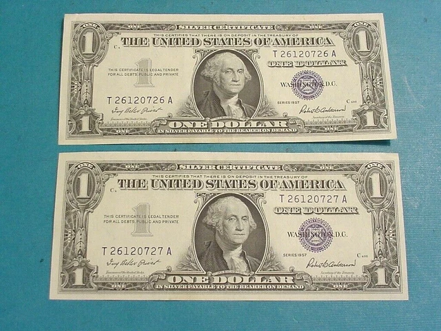 Series 1957  Blue Seal $1 One Dollar Silver Certificate Consecutive #'s UNC MINT