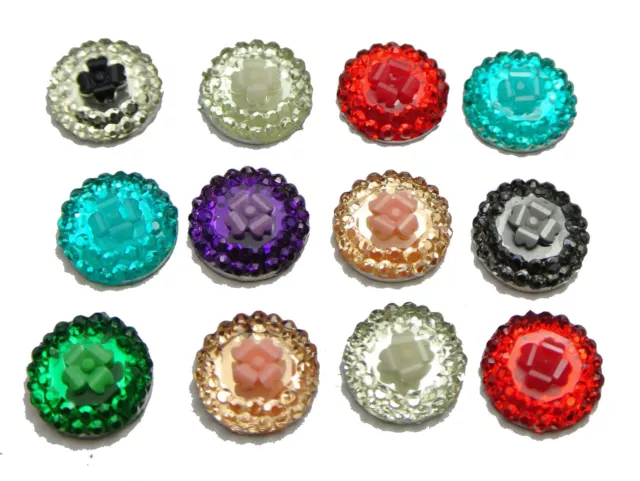 100 Mixed Color Flatback Resin Round Cabochons 10mm Flower Top Embellishments