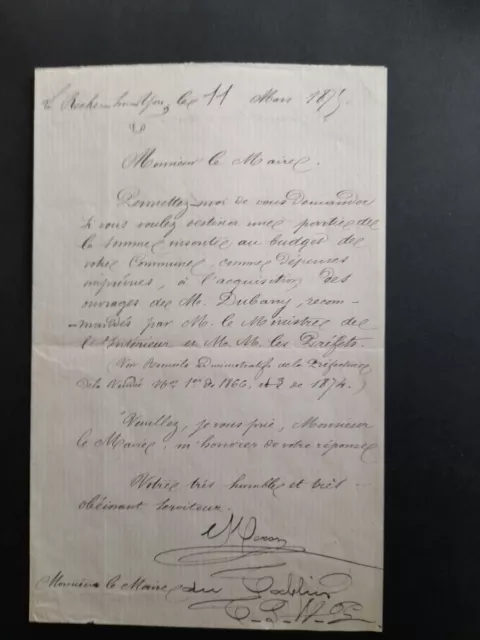 1875 - Lettre de Moron, employé à la Préfecture de la Vendée au Maire du Tablier