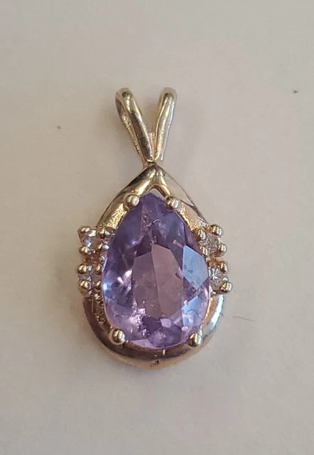Beautiful 14k Yellow Gold Amethyst Tear Drop Pendant W Diamond Accent