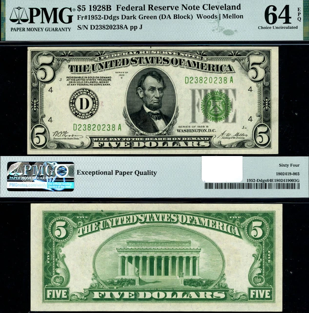 FR. 1952 D $5 1928-B Federal Reserve Note Cleveland D-A Block DGS Choice PMG CU6