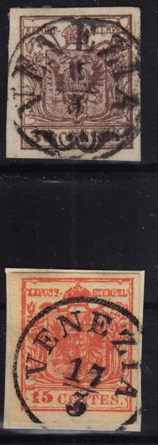 LOMBARDEI-VENETIEN 1850 2Stk.Marke:-30C, und -15C, Verschiedene VENEZIA Stempeln