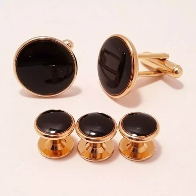 Tuxedo Black on Gold tone Cuff links and 3 Matching Shirt Studs Formal Wedding