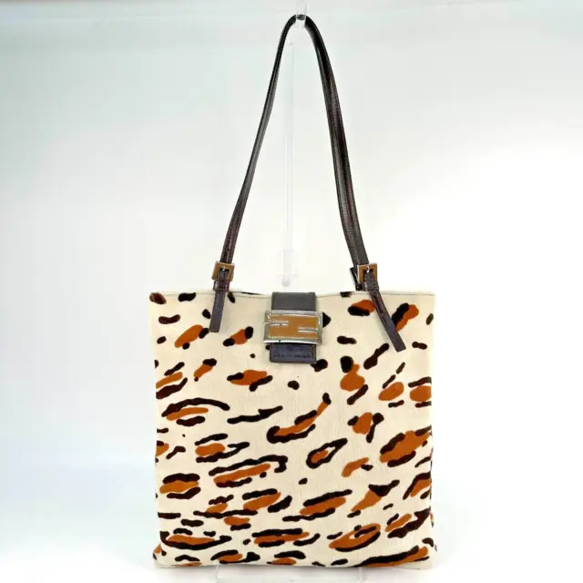 FENDI Mamma Baguette Tote Hand Bag Leopard Calf Leather Authentic 412