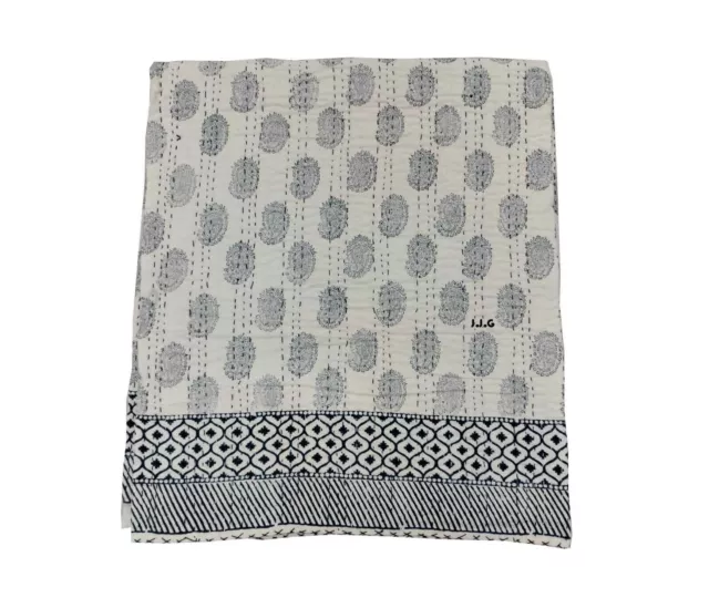 Manta de edredón Kantha indio con estampado de bloque manual gris, colcha... 2