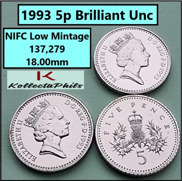 1993 5p Five Pence Coin Brilliant Uncirculated NIFC Low Mintage 18.00mm SCARCE