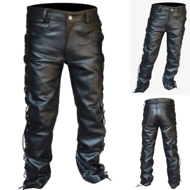 Mens Chic Lace Up Gothic Pants Motor Pencil Cross Fashion Faux Leather Trousers