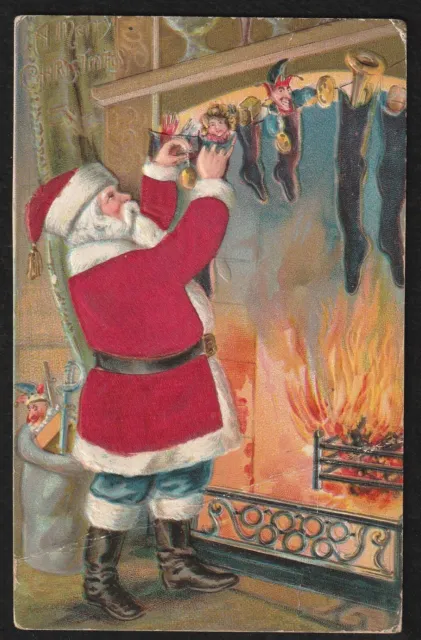 Antique Christmas Postcard Satin Santa Pre-1920 Embossed Filling Stockings Vntg