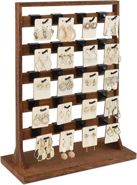 Wooden Jewelry Display Rack with 20 Removable Metal Hooks, Earring Card Display