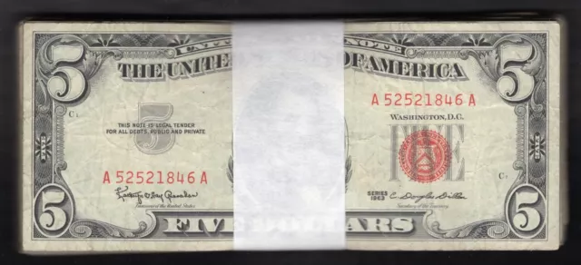 Lot Of (100) 1963 $5 Five Dollars Legal Tender United States Notes Vg-Vf (B)