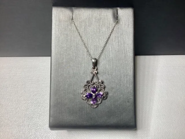 Sterling Silver 925 Scroll Filigree Amethyst Colored Pendant Necklace Jewelry