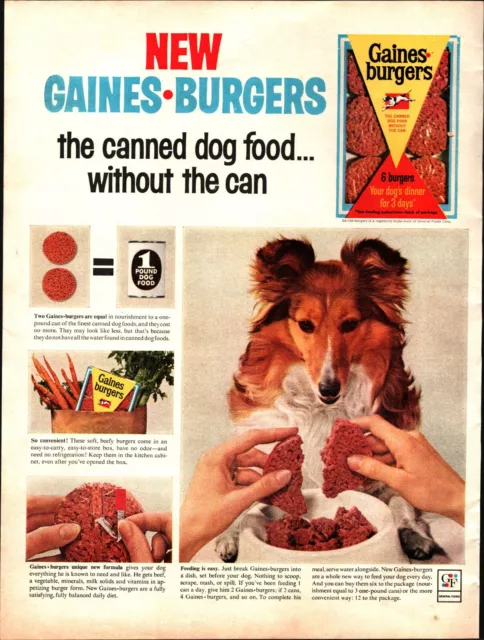 1964 Gaines Burgers Pet Dog Food Vintage Print Ad Dinner Collie Lassie Dogs a9
