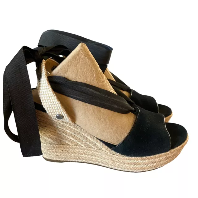 UGG Shiloh Espadrille Sandal 8.5 Platform Suede Wedge Black Ankle Tie Straps