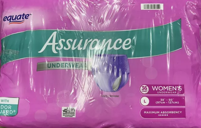 Equate Assurance Womens Underwear Light Lavender 18 Count Odor Guard Large