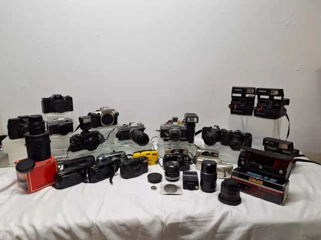 Lote de 24 cámaras con cámara Instax Asahi Pentax Polaroid Kodak Brownie Canon Rebel