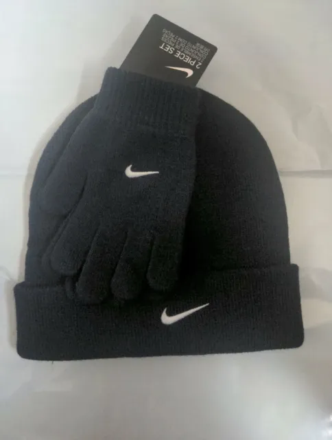 Nike Boy's Knit 2-Piece Hat and Gloves Set - Size Youth - NWT Navy Blue