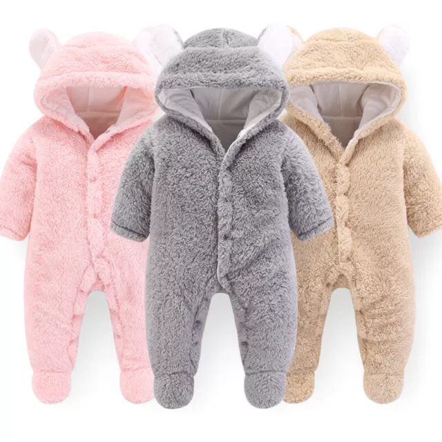 Newborn Baby Boy Girl Hooded Jumpsuit Romper Bodysuit Outfit Winter Warm Clothes