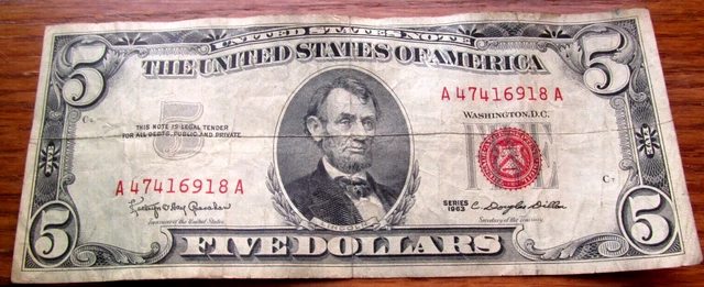 1963 Red Seal Five Dollar United States Note - Circulated US Paper Currency $