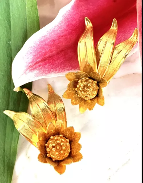 FRENCH 1950s VINTAGE SUNFLOWER CLIMBER  EARRINGS SPECTACULAR 24K GOLDPLATE CLIP
