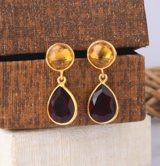 2 Stone Earrings Yellow Gold Plated Red Garnet And Citrine Dangle Drop Earring