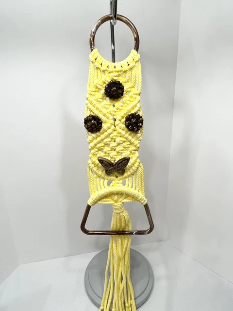 VTG MCM Ceramic Macrame Wall Towel Hanger Bright White Yellow Butterfly Flowers
