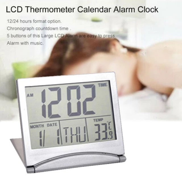 Reloj de pared digital plateado LCD/Reloj de mesa con reloj despertador de temperatura calendario