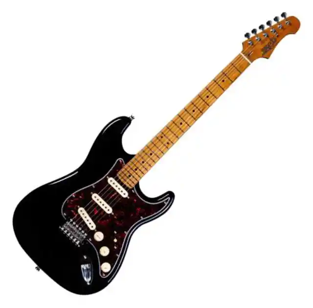 Schwarze JS300 E-Gitarre im ST-Style von Jet Guitars mit Roasted Maple Hals