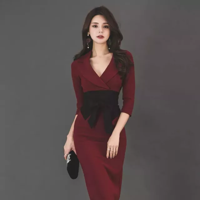 Robe Fourreau Robe Femme Élégant Genou Rouge Noir Manches 5464