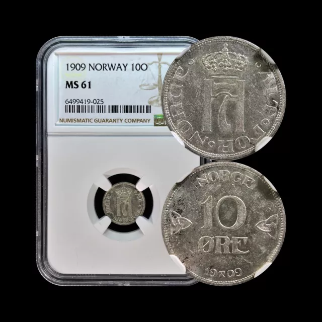 NORWAY. 1909, 10 Ore, Silver - NGC MS61 - Harken VII, Crowned Monogram