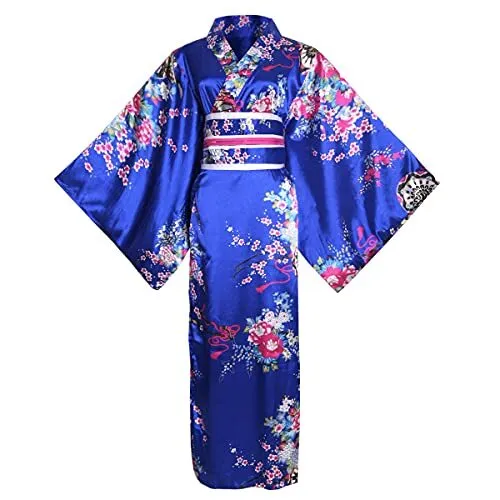 Kimono Costume Floral Print Geisha Yukata Long Robe One Size C01-royal Blue
