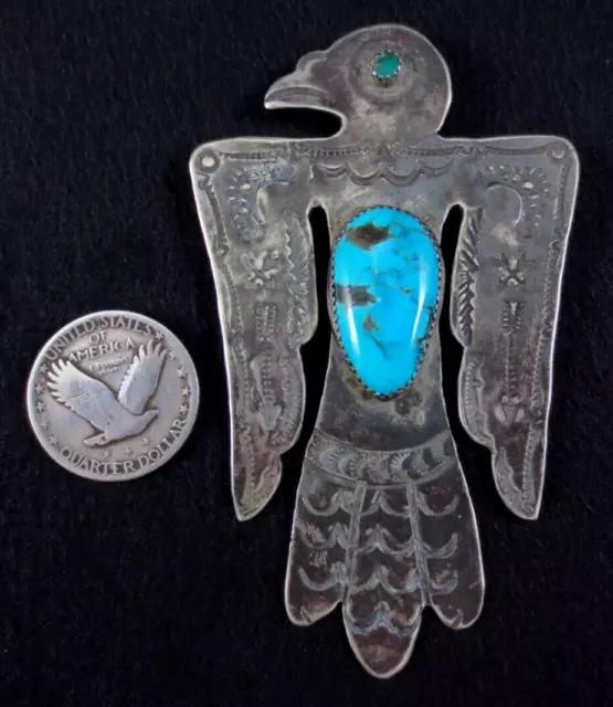 Vintage Navajo Manta Pin - Coin Silver and Turquoise - Thunderbird