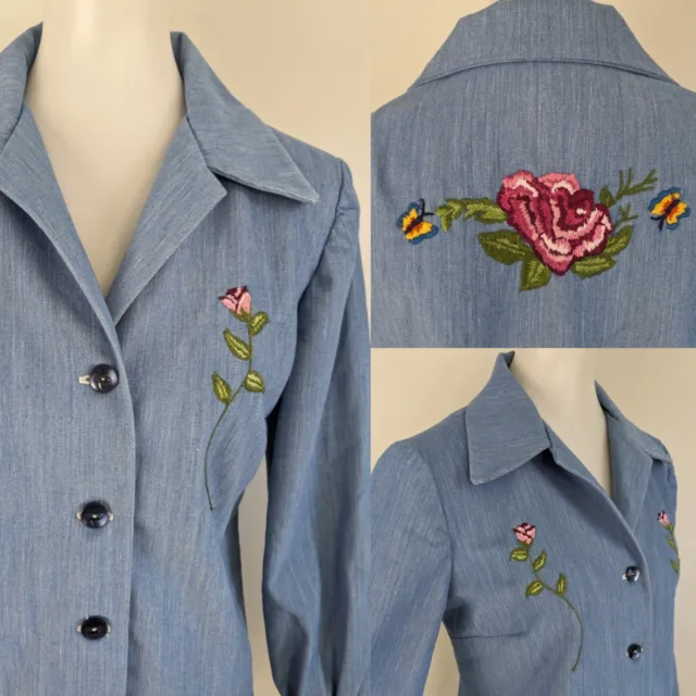 Vtg 70s Denim Jacket Womens Handmade Custom Embroidery OOAK Hippy Granny Chic 6