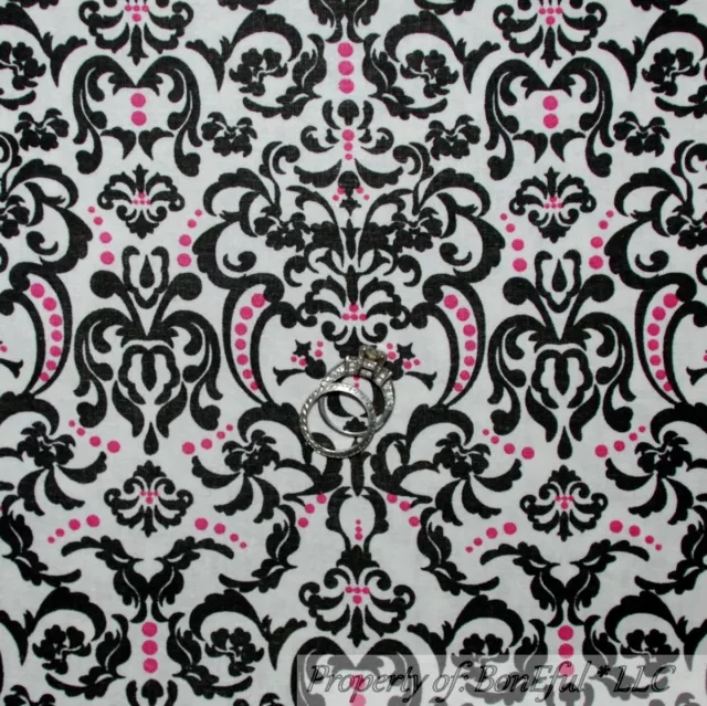 BonEful FABRIC FQ Cotton Quilt White Black PINK Flower Damask Victorian Girl Dot