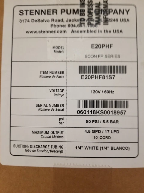 Stenner Pump  chemical dosing- flow activated    4.5 gpd / 80 psi max   120V
