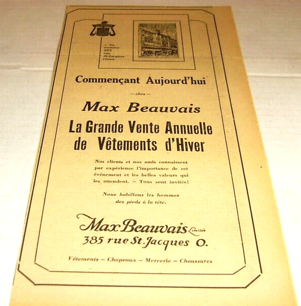 1928 Publicité Originale Magasin De Détail Max Beauvais-Vêtements, Montréal