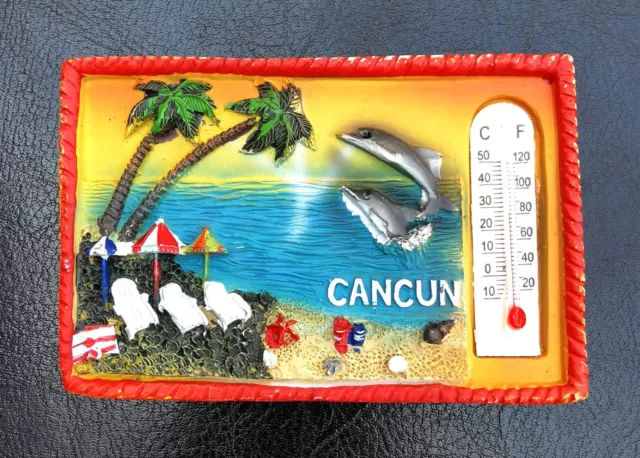 Kühlschrankmagnet 3D Souvenir Cancun Mexico Thermometer Strand Meer Delfine Harz