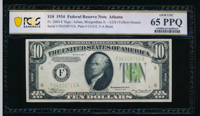 AC 1934 $10 Atlanta Light Green Seal PCGS 65 PPQ Fr 2004-F