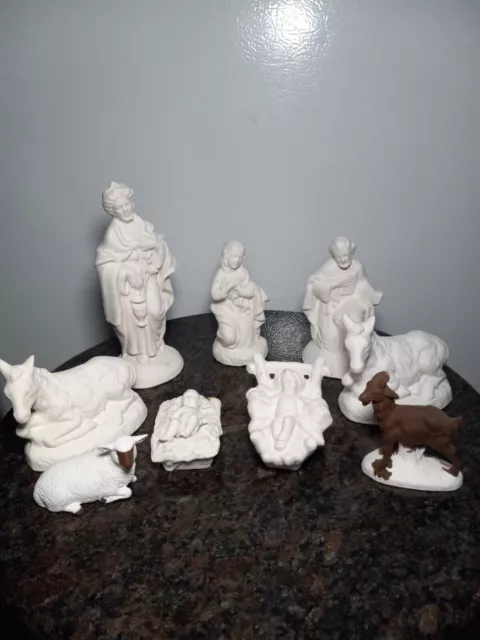 Vintage 80s Ready to Paint Ceramic Bisque Christmas Nativity Figures Lot Of 9