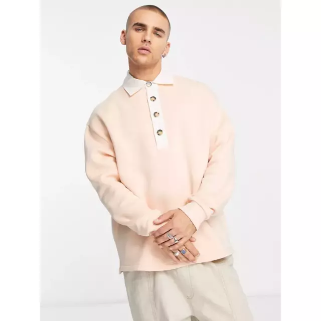 ASOS Design Men's Pink Oversized Button Neck Polo Sweatshirt 90s Preppy Large