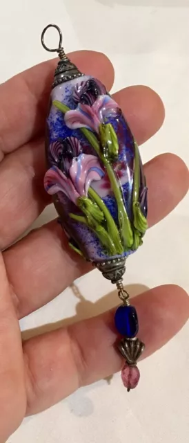 Victorian Art Glass Lampwork Pendant Hand Painted Iris Flower Design .925